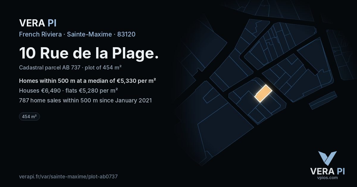 10 Rue de la Plage, Sainte-Maxime at night – the plot lit, the parcels around coloured by the prices near them