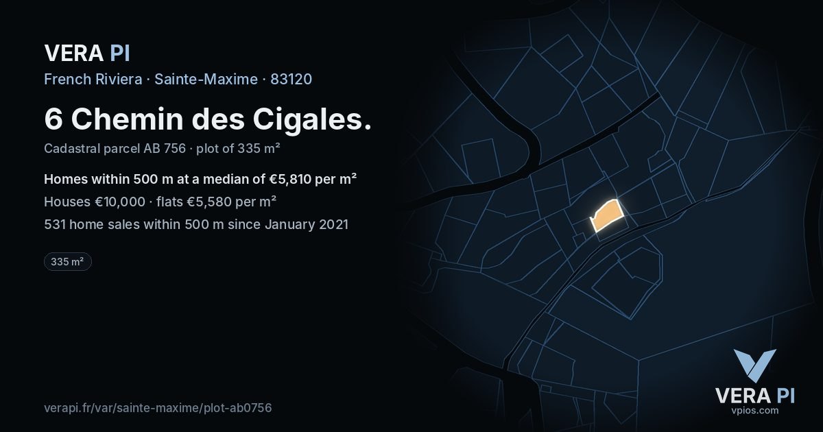 6 Chemin des Cigales, Sainte-Maxime at night – the plot lit, the parcels around coloured by the prices near them