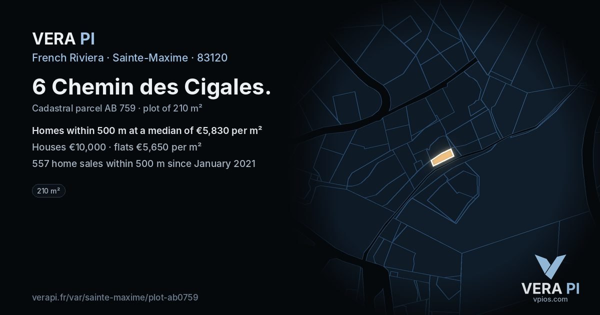 6 Chemin des Cigales, Sainte-Maxime at night – the plot lit, the parcels around coloured by the prices near them