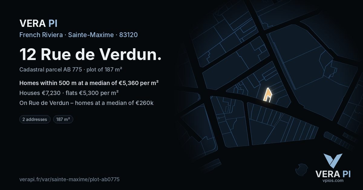12 Rue de Verdun, Sainte-Maxime at night – the plot lit, the parcels around coloured by the prices near them