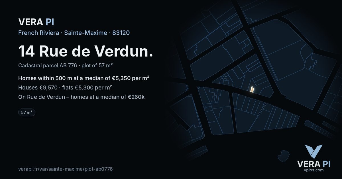 14 Rue de Verdun, Sainte-Maxime at night – the plot lit, the parcels around coloured by the prices near them