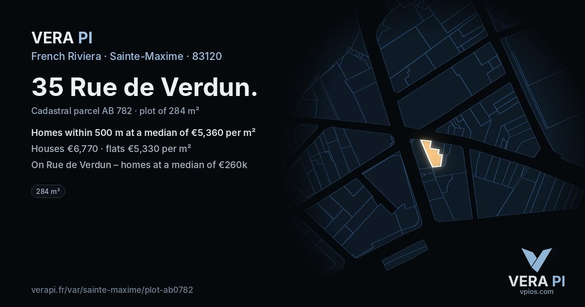 35 Rue de Verdun, Sainte-Maxime at night – the plot lit, the parcels around coloured by the prices near them