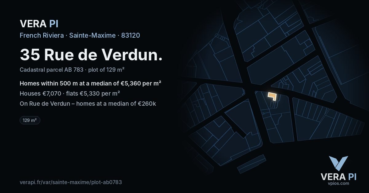 35 Rue de Verdun, Sainte-Maxime at night – the plot lit, the parcels around coloured by the prices near them