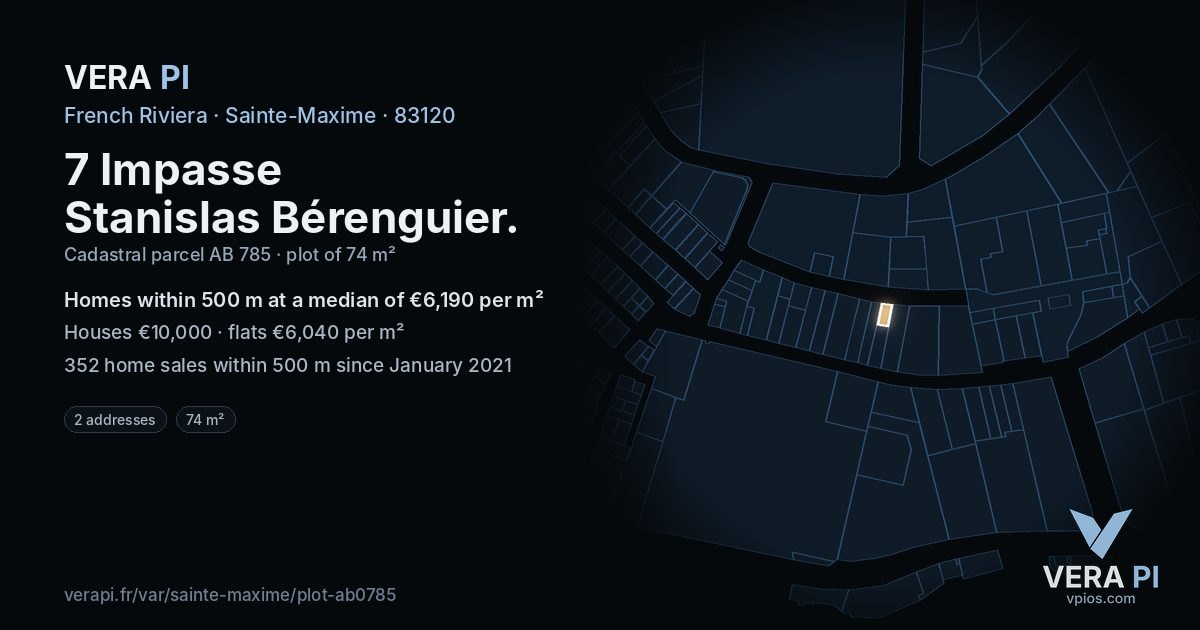 7 Impasse Stanislas Bérenguier, Sainte-Maxime at night – the plot lit, the parcels around coloured by the prices near them