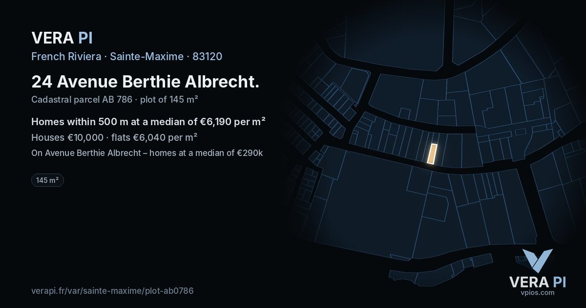 24 Avenue Berthie Albrecht, Sainte-Maxime at night – the plot lit, the parcels around coloured by the prices near them