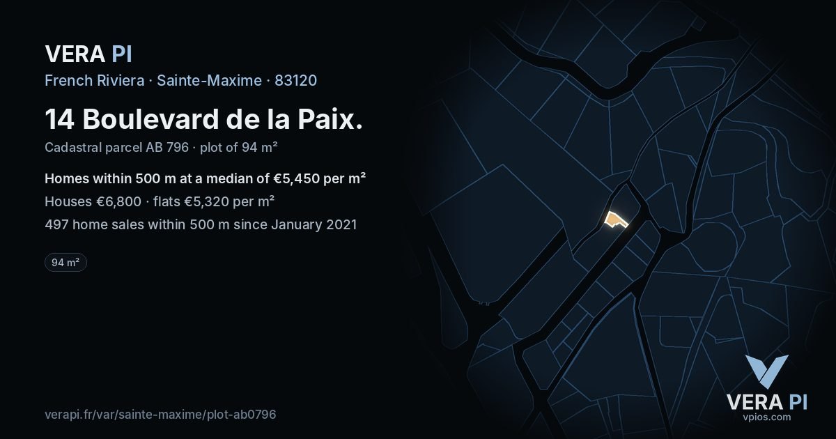 14 Boulevard de la Paix, Sainte-Maxime at night – the plot lit, the parcels around coloured by the prices near them