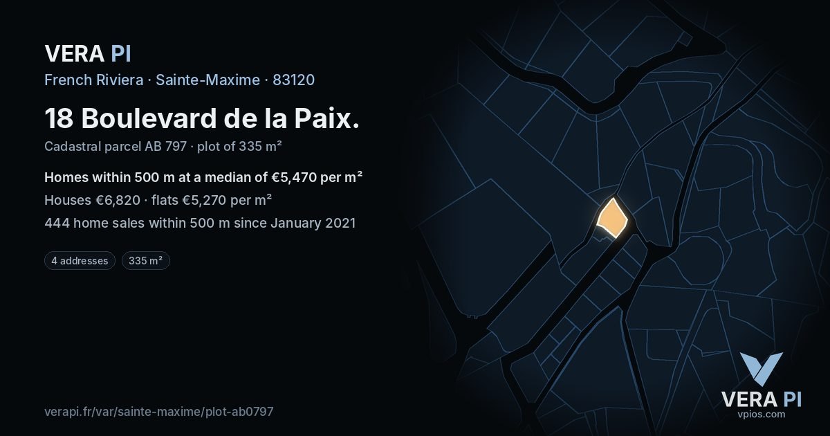 18 Boulevard de la Paix, Sainte-Maxime at night – the plot lit, the parcels around coloured by the prices near them