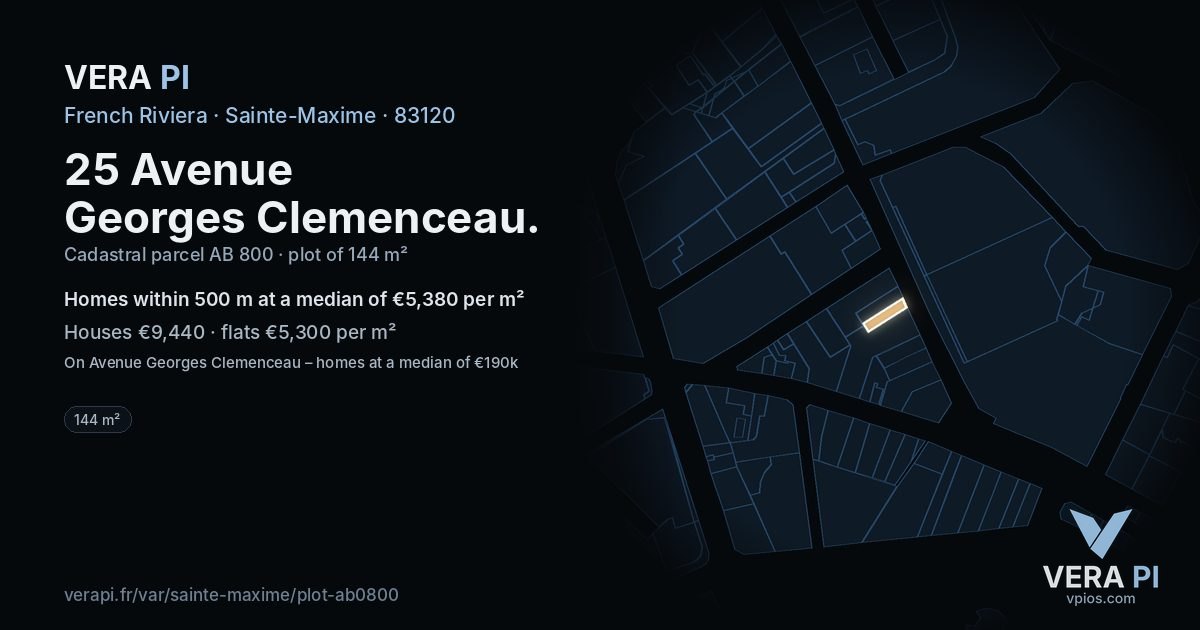 25 Avenue Georges Clemenceau, Sainte-Maxime at night – the plot lit, the parcels around coloured by the prices near them