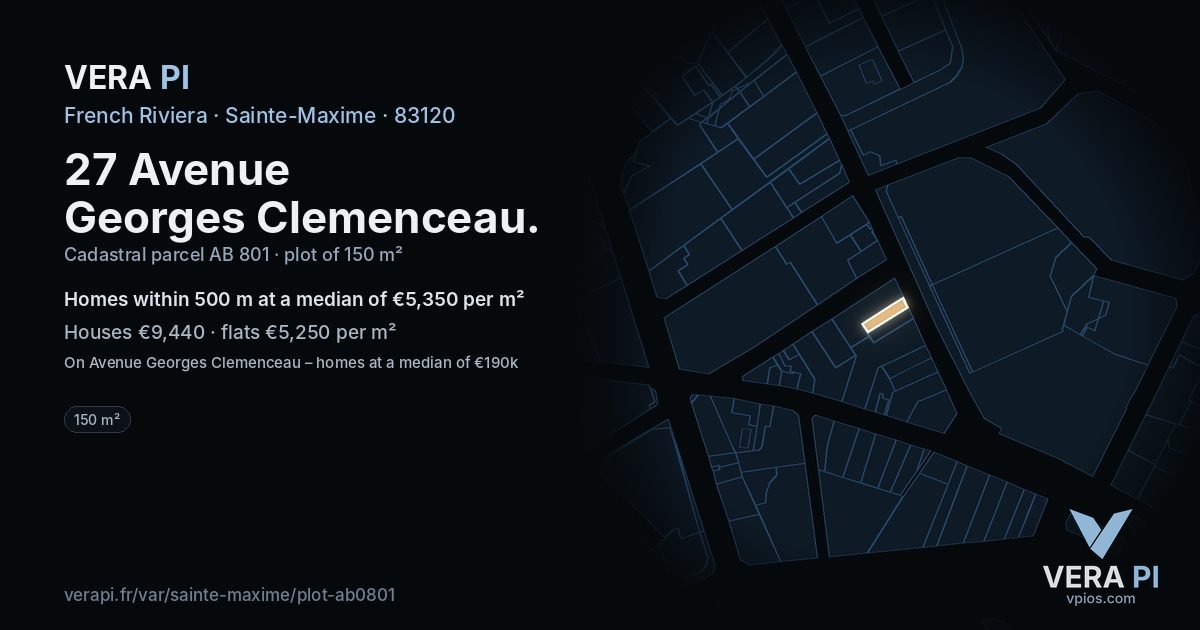 27 Avenue Georges Clemenceau, Sainte-Maxime at night – the plot lit, the parcels around coloured by the prices near them