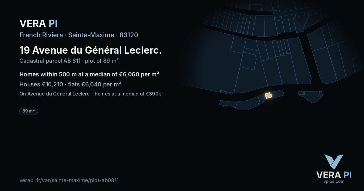 19 Avenue du Général Leclerc, Sainte-Maxime at night – the plot lit, the parcels around coloured by the prices near them