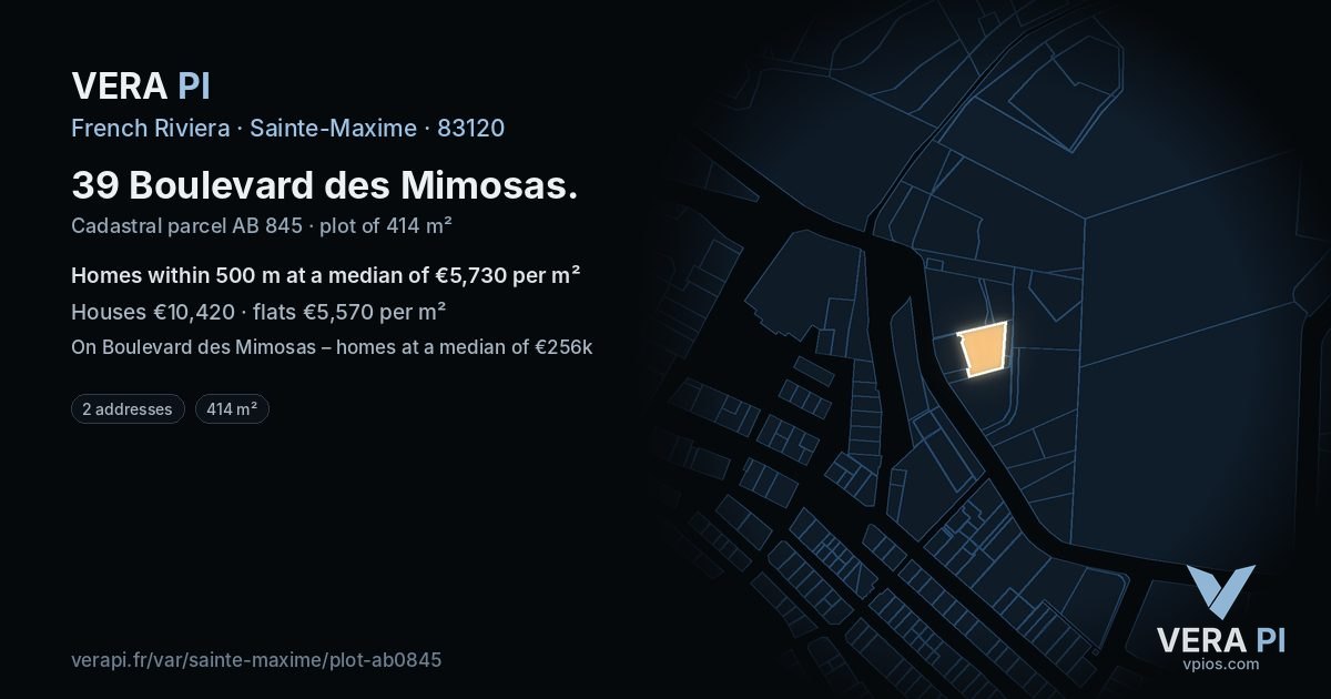 39 Boulevard des Mimosas, Sainte-Maxime at night – the plot lit, the parcels around coloured by the prices near them
