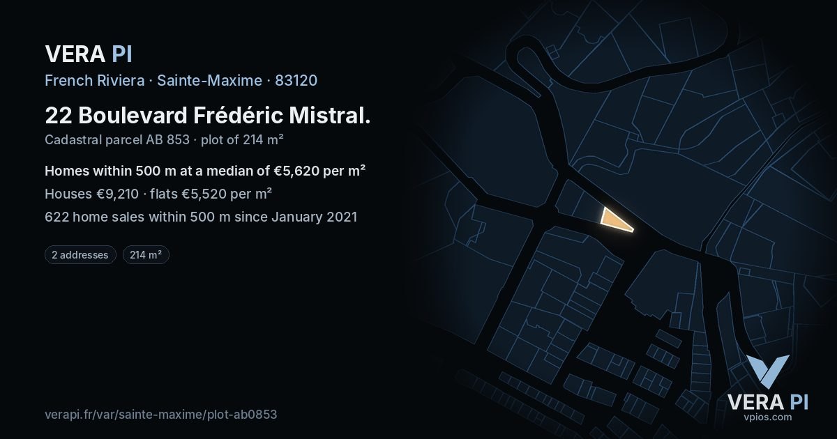 22 Boulevard Frédéric Mistral, Sainte-Maxime at night – the plot lit, the parcels around coloured by the prices near them