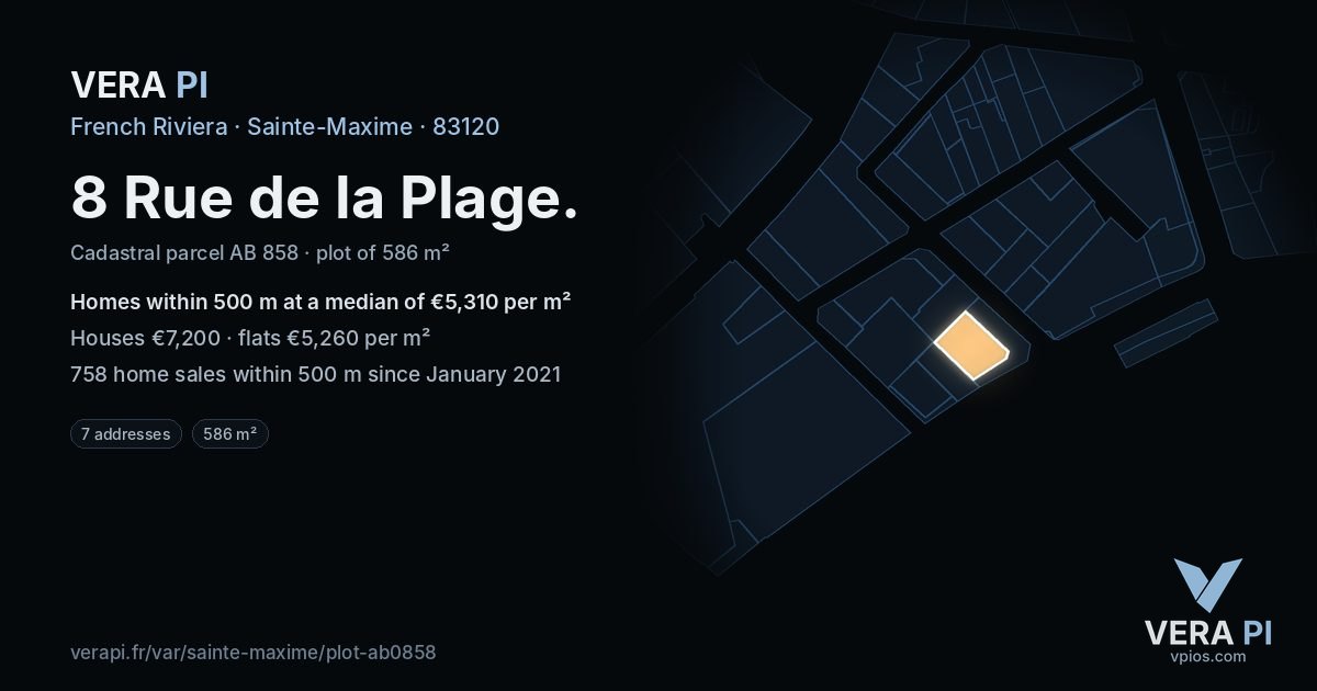 8 Rue de la Plage, Sainte-Maxime at night – the plot lit, the parcels around coloured by the prices near them
