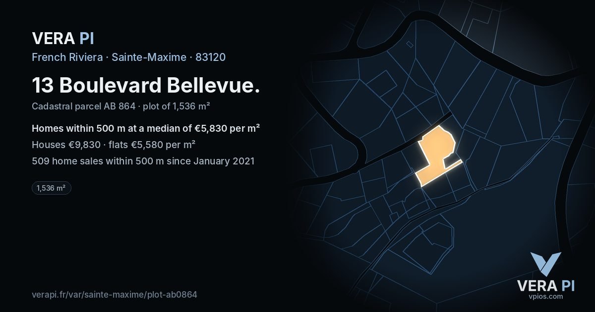 13 Boulevard Bellevue, Sainte-Maxime at night – the plot lit, the parcels around coloured by the prices near them