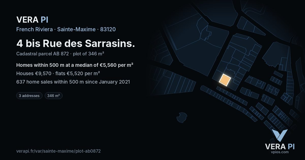 4 bis Rue des Sarrasins, Sainte-Maxime at night – the plot lit, the parcels around coloured by the prices near them