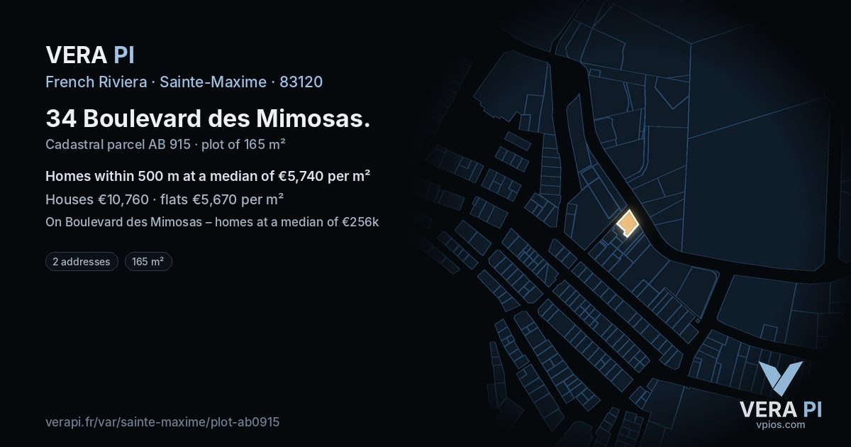 34 Boulevard des Mimosas, Sainte-Maxime at night – the plot lit, the parcels around coloured by the prices near them
