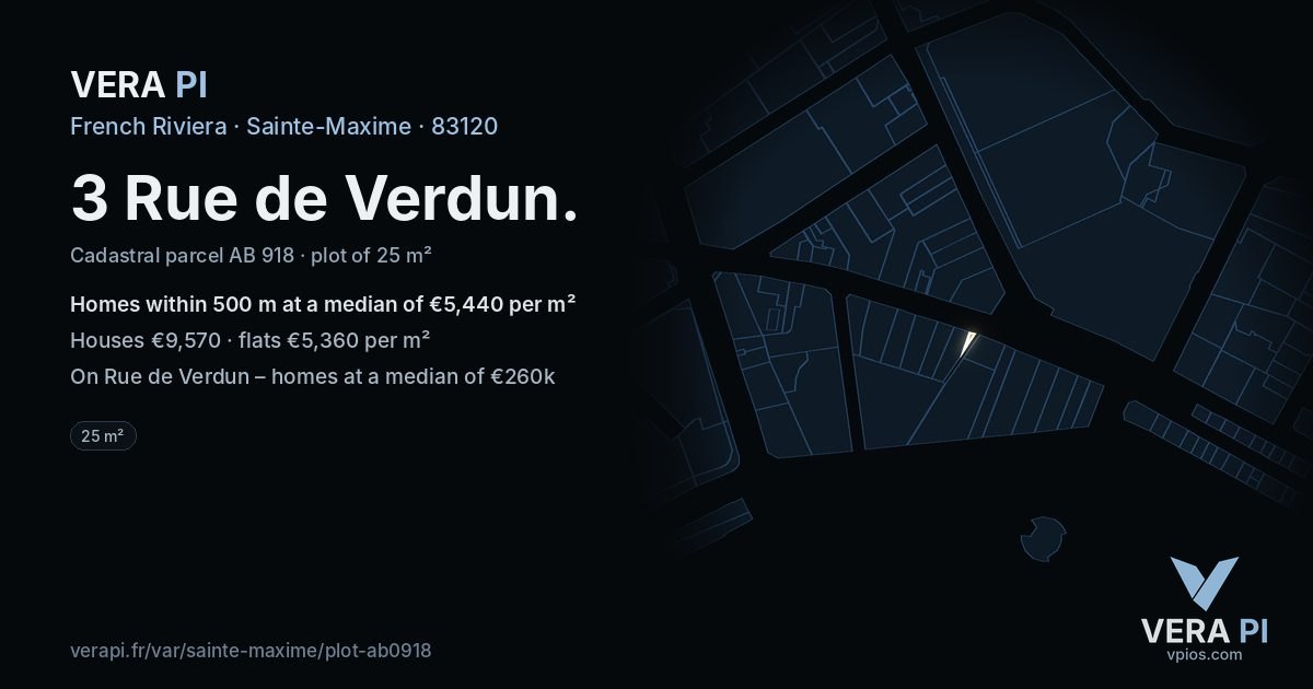3 Rue de Verdun, Sainte-Maxime at night – the plot lit, the parcels around coloured by the prices near them