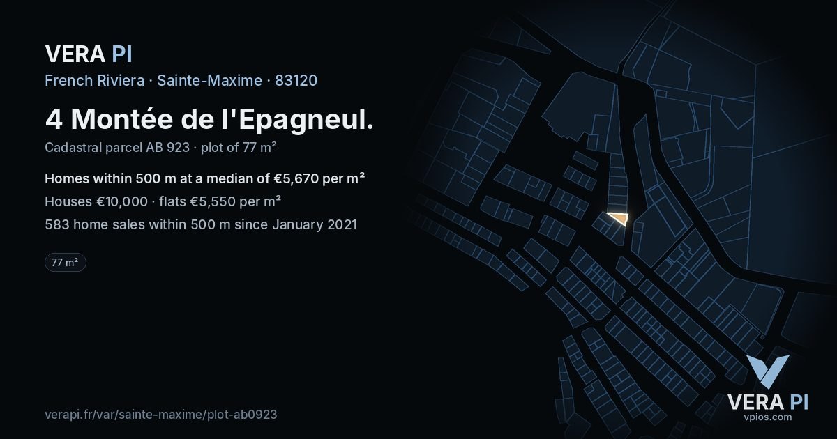 4 Montée de l'Epagneul, Sainte-Maxime at night – the plot lit, the parcels around coloured by the prices near them