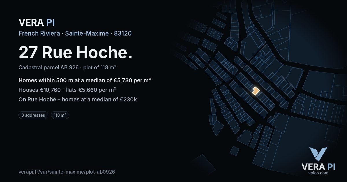 27 Rue Hoche, Sainte-Maxime at night – the plot lit, the parcels around coloured by the prices near them
