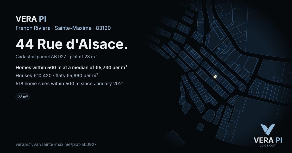 44 Rue d'Alsace, Sainte-Maxime at night – the plot lit, the parcels around coloured by the prices near them