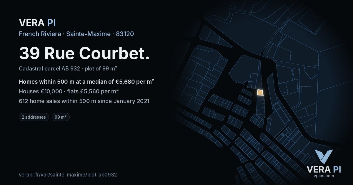39 Rue Courbet, Sainte-Maxime at night – the plot lit, the parcels around coloured by the prices near them