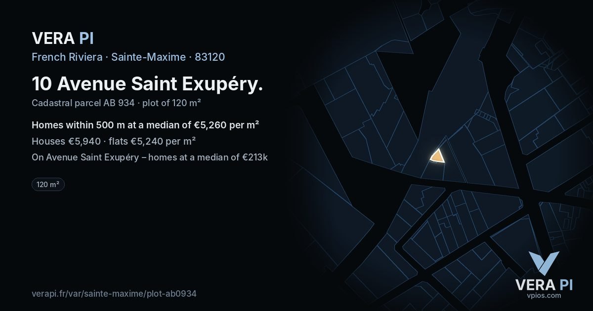 10 Avenue Saint Exupéry, Sainte-Maxime at night – the plot lit, the parcels around coloured by the prices near them