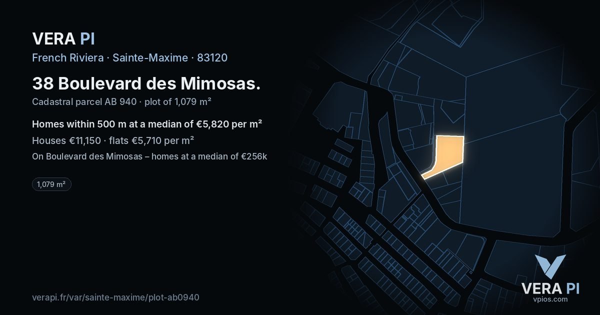 38 Boulevard des Mimosas, Sainte-Maxime at night – the plot lit, the parcels around coloured by the prices near them