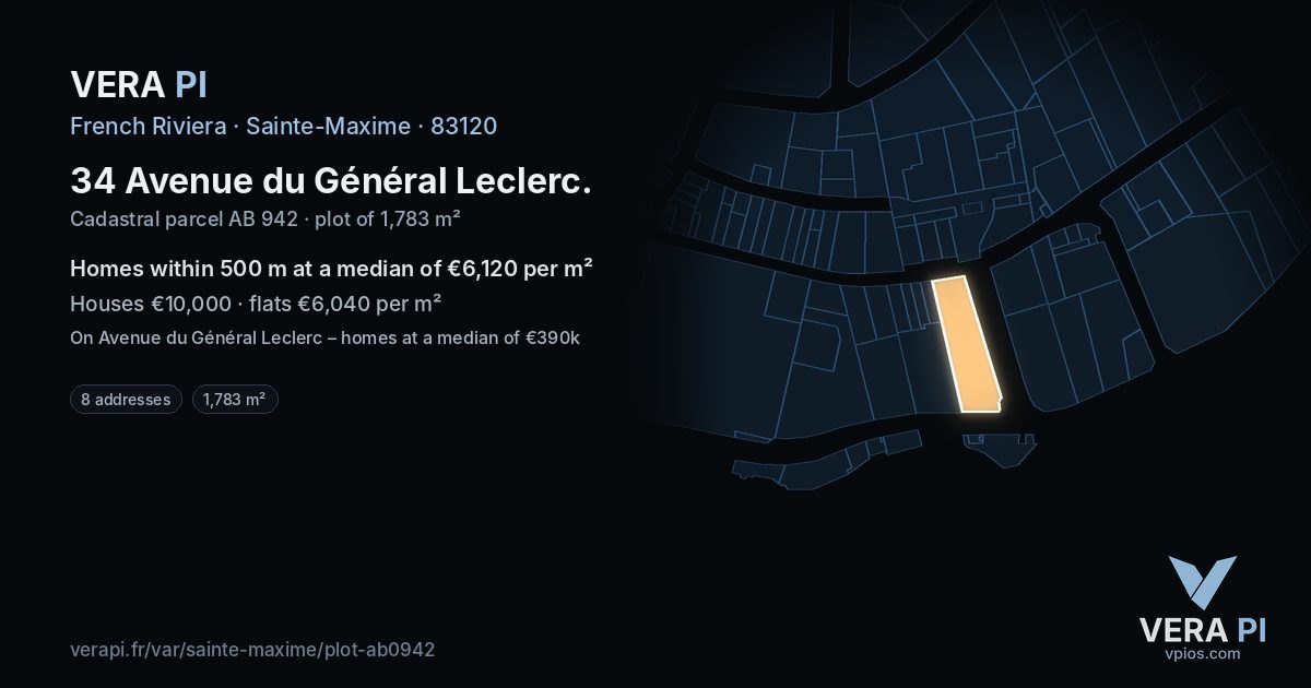 34 Avenue du Général Leclerc, Sainte-Maxime at night – the plot lit, the parcels around coloured by the prices near them