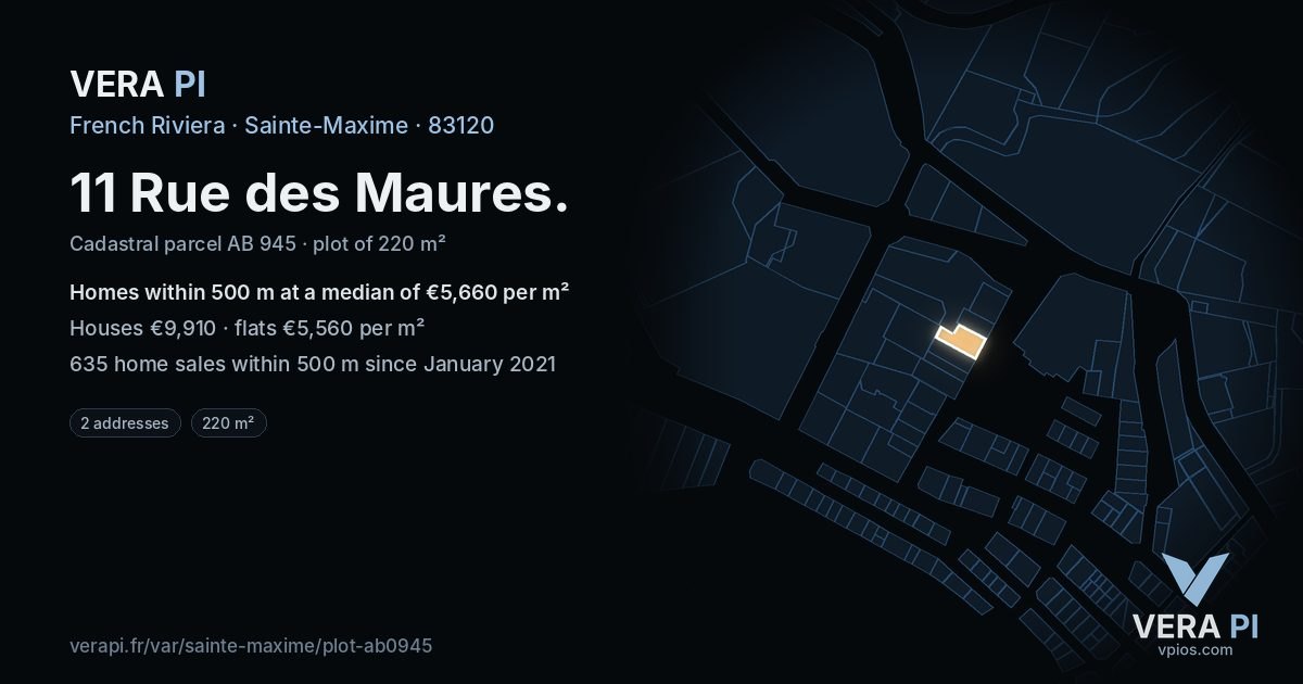 11 Rue des Maures, Sainte-Maxime at night – the plot lit, the parcels around coloured by the prices near them
