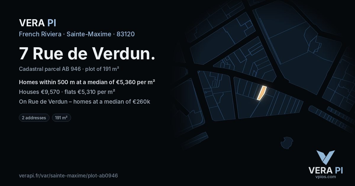 7 Rue de Verdun, Sainte-Maxime at night – the plot lit, the parcels around coloured by the prices near them