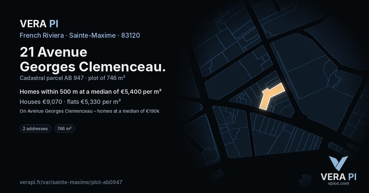 21 Avenue Georges Clemenceau, Sainte-Maxime at night – the plot lit, the parcels around coloured by the prices near them