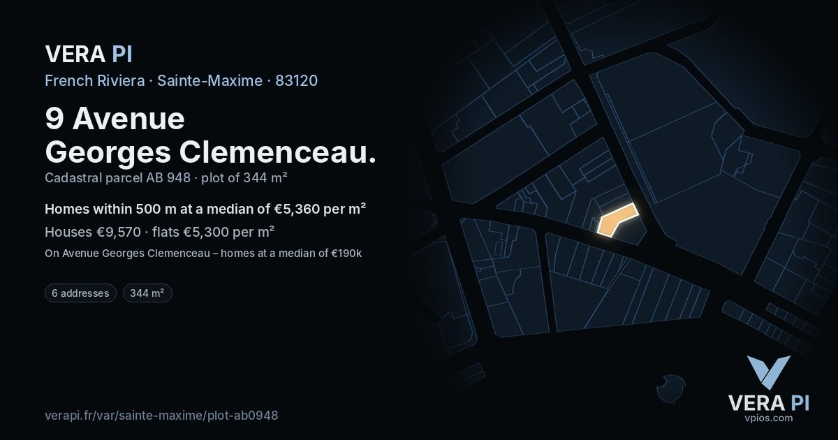 9 Avenue Georges Clemenceau, Sainte-Maxime at night – the plot lit, the parcels around coloured by the prices near them