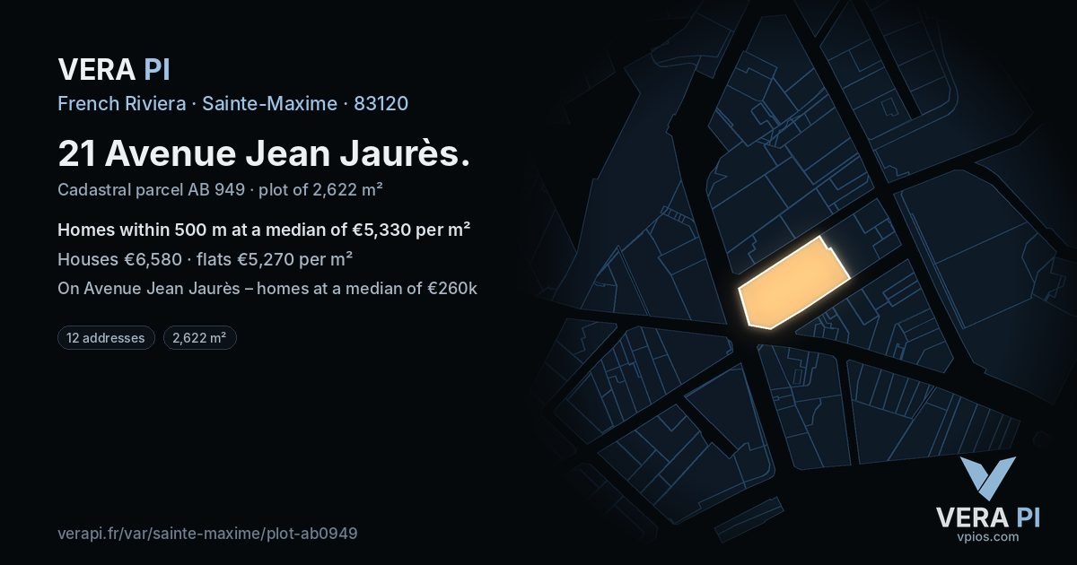 21 Avenue Jean Jaurès, Sainte-Maxime at night – the plot lit, the parcels around coloured by the prices near them