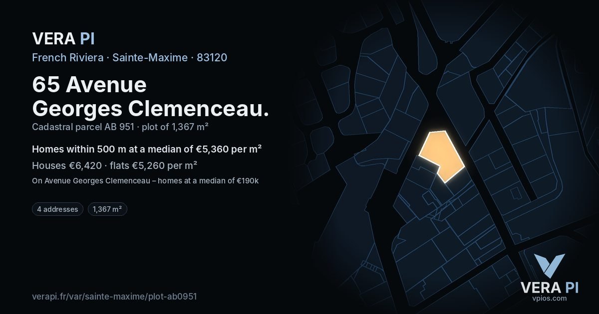 65 Avenue Georges Clemenceau, Sainte-Maxime at night – the plot lit, the parcels around coloured by the prices near them