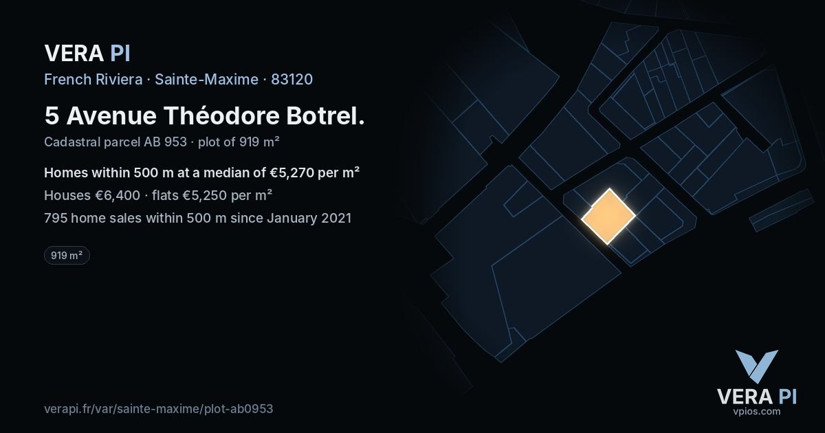 5 Avenue Théodore Botrel, Sainte-Maxime at night – the plot lit, the parcels around coloured by the prices near them