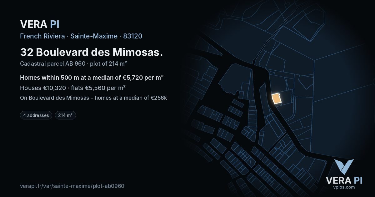 32 Boulevard des Mimosas, Sainte-Maxime at night – the plot lit, the parcels around coloured by the prices near them