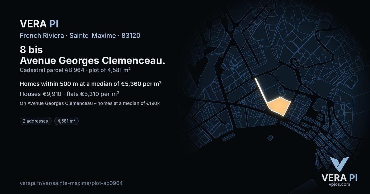 8 bis Avenue Georges Clemenceau, Sainte-Maxime at night – the plot lit, the parcels around coloured by the prices near them