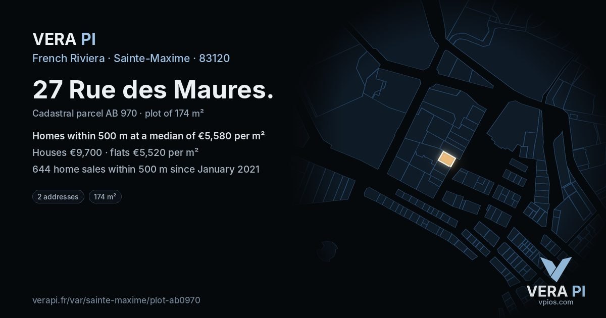 27 Rue des Maures, Sainte-Maxime at night – the plot lit, the parcels around coloured by the prices near them