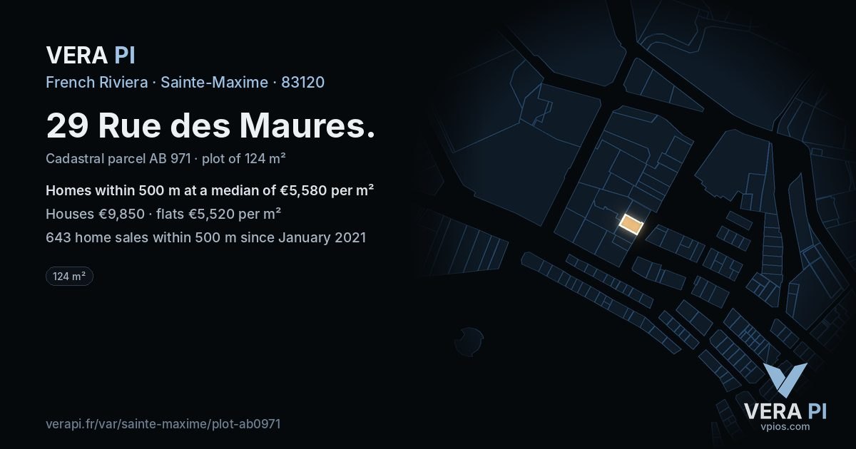29 Rue des Maures, Sainte-Maxime at night – the plot lit, the parcels around coloured by the prices near them