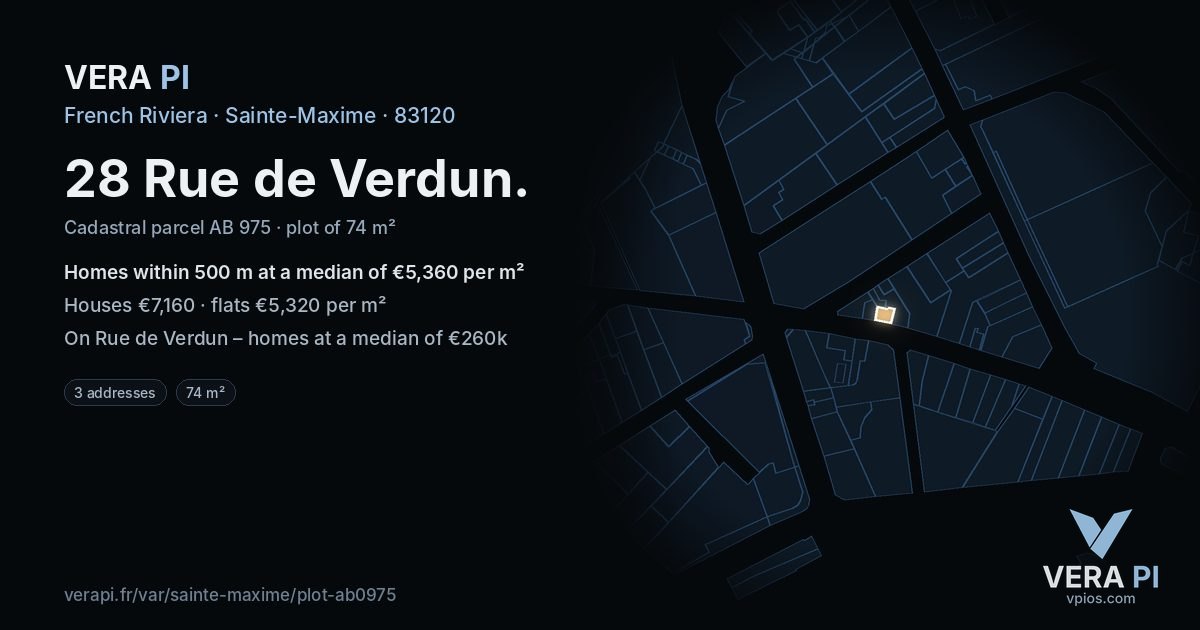28 Rue de Verdun, Sainte-Maxime at night – the plot lit, the parcels around coloured by the prices near them
