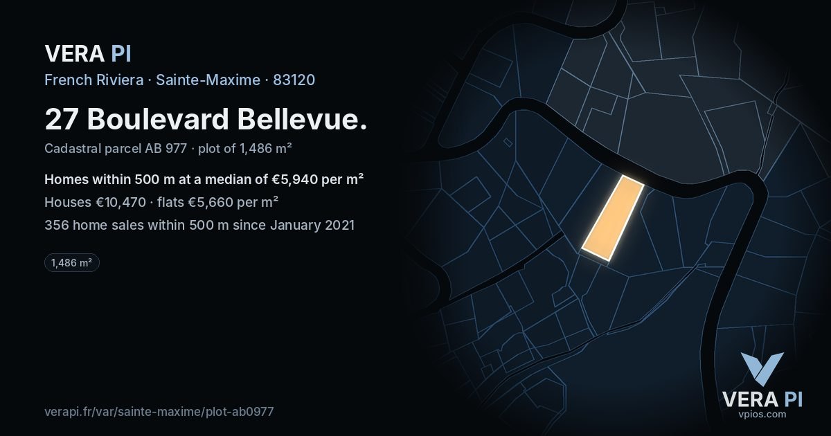 27 Boulevard Bellevue, Sainte-Maxime at night – the plot lit, the parcels around coloured by the prices near them