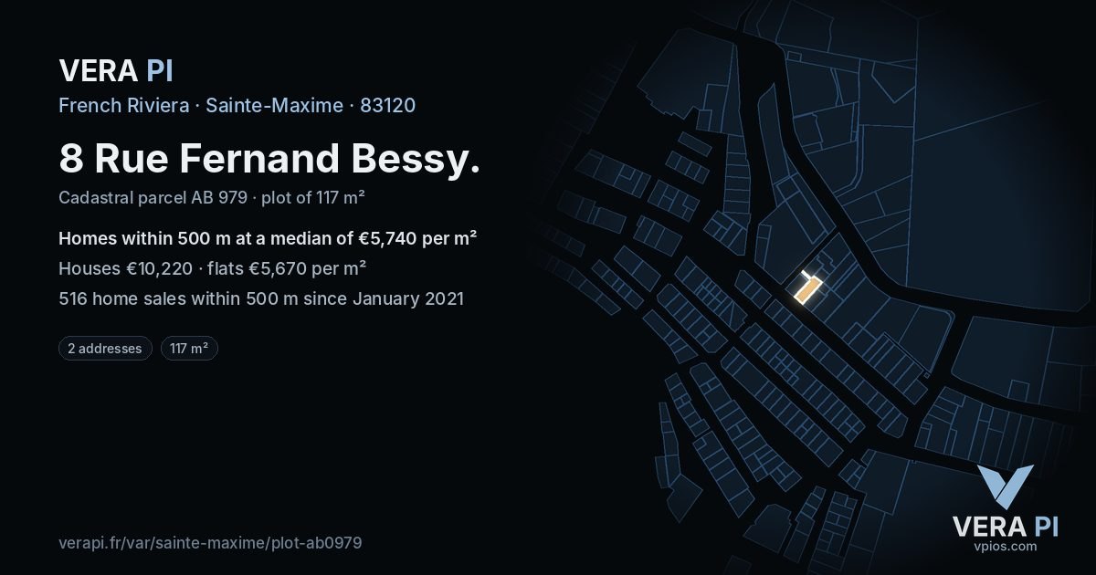 8 Rue Fernand Bessy, Sainte-Maxime at night – the plot lit, the parcels around coloured by the prices near them