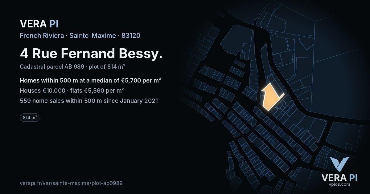 4 Rue Fernand Bessy, Sainte-Maxime at night – the plot lit, the parcels around coloured by the prices near them