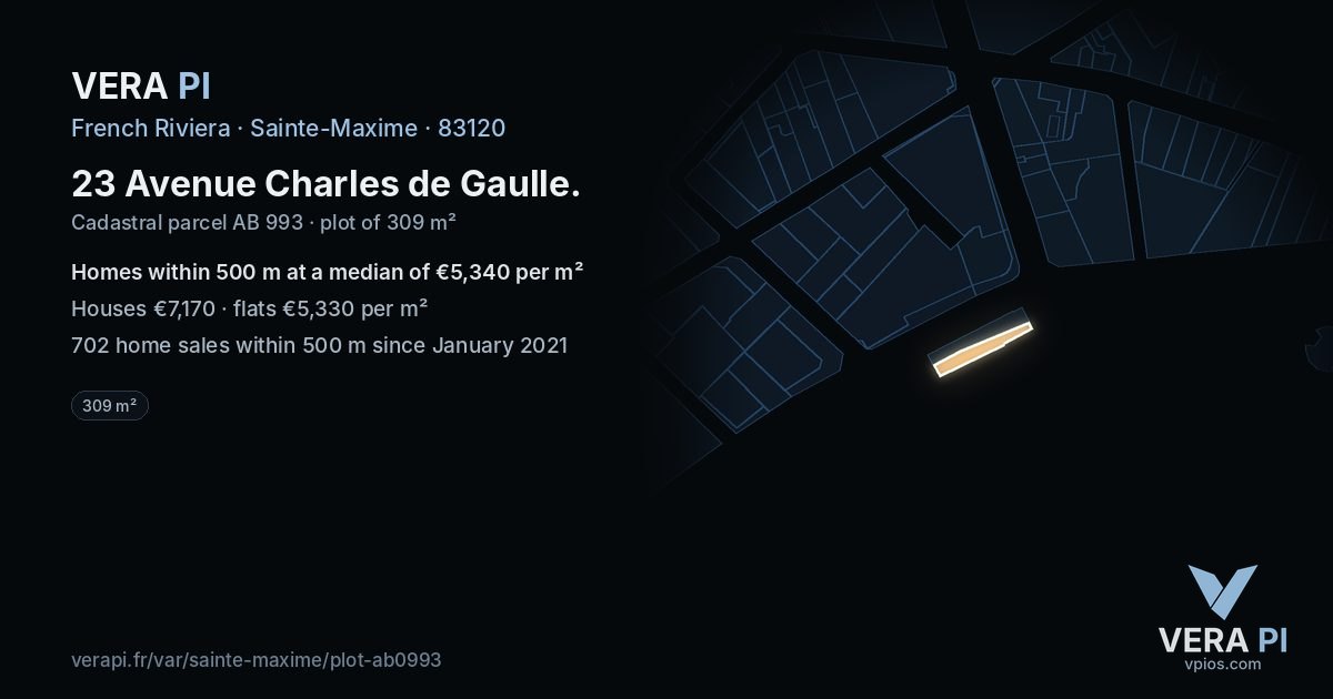 23 Avenue Charles de Gaulle, Sainte-Maxime at night – the plot lit, the parcels around coloured by the prices near them