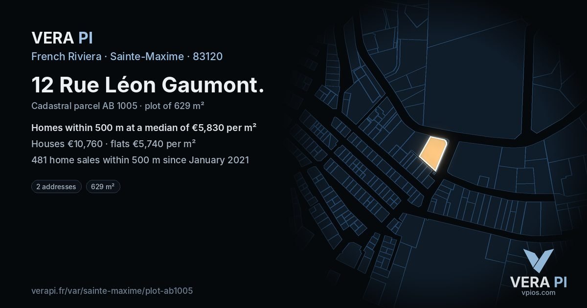 12 Rue Léon Gaumont, Sainte-Maxime at night – the plot lit, the parcels around coloured by the prices near them
