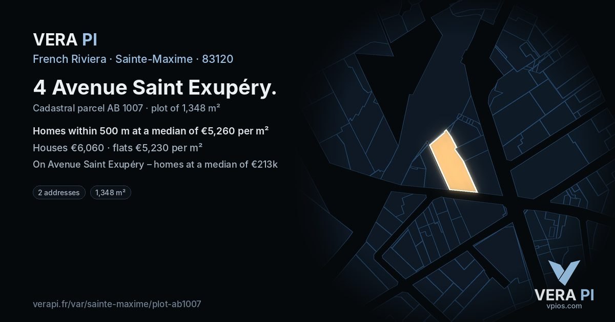 4 Avenue Saint Exupéry, Sainte-Maxime at night – the plot lit, the parcels around coloured by the prices near them
