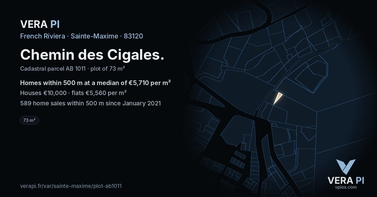Chemin des Cigales, Sainte-Maxime at night – the plot lit, the parcels around coloured by the prices near them