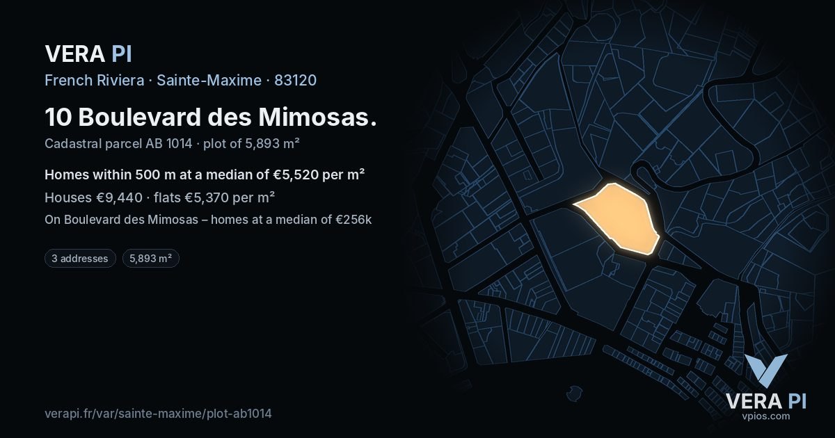 10 Boulevard des Mimosas, Sainte-Maxime at night – the plot lit, the parcels around coloured by the prices near them