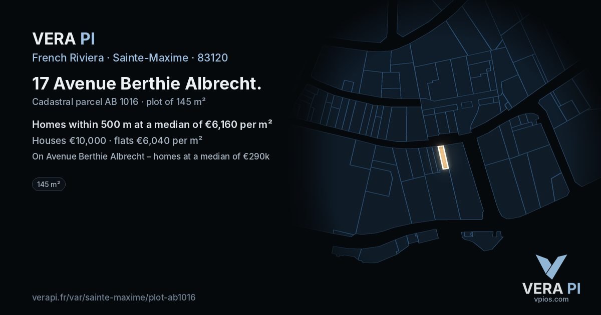17 Avenue Berthie Albrecht, Sainte-Maxime at night – the plot lit, the parcels around coloured by the prices near them