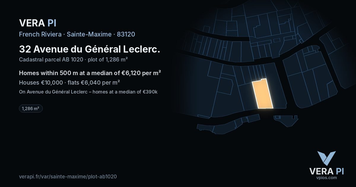 32 Avenue du Général Leclerc, Sainte-Maxime at night – the plot lit, the parcels around coloured by the prices near them